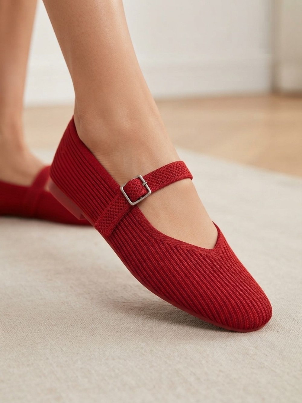 Vivaia Women’s Red Knit Mary Jane Flats with Buckle Strap Excellent Condition
